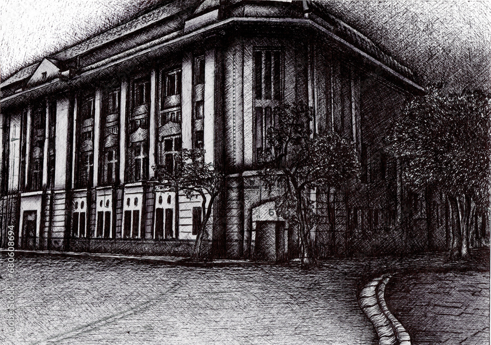 old house in the town mandiri archive building side view Nederlandsch Indische Escompto Maatschappij (Escompto Bank) Illustration handmade Drawing pen Kota Tua Jakarta old house in the town mandiri archive building side view Nederlandsch Indische Escompto Maatschappij (Escompto Bank) Illustration handmade Drawing pen Kota Tua Jakarta