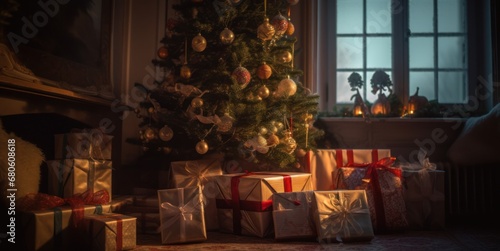 Festive Christmas tree with lights and presents in classic indoor setting, evening, twilight.