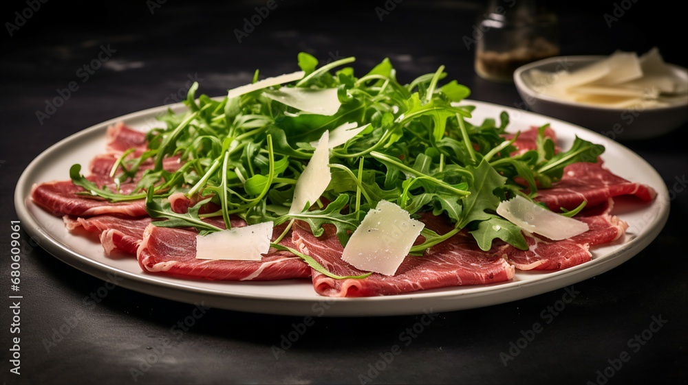Elegant Plate of Beef Carpaccio with Arugula and Parmesan