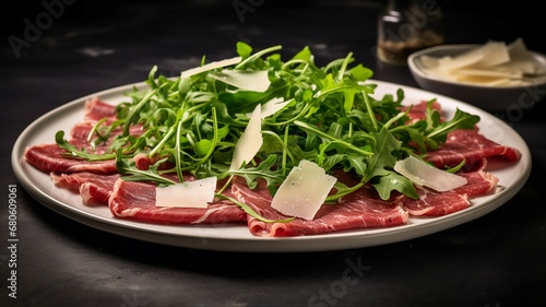 Elegant Plate of Beef Carpaccio with Arugula and Parmesan