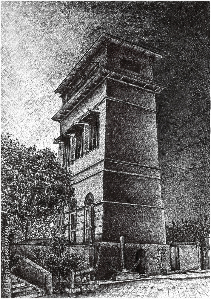 old stone house watchtower in Old Town Jakarta De Uitkijkpost Illustration handmade Drawing pen Kota Tua Jakarta