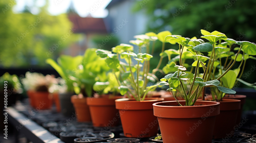 Plant pot growing some new plants on a terrace