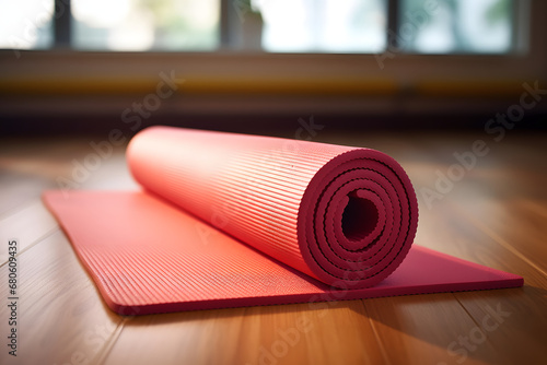 Rolled Yoga Mat and Pilates Rubber Mat Close-Up - Fitness Concept - Generative AI