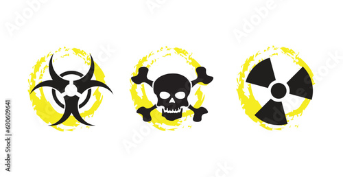 nuclear Radiation chemical biological icon set, Toxic sign, Biohazard symbol, Vector illustration