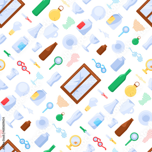 Broken unwanted Glass objects seamless pattern with kitchen utensils, window glass, jars, bottles, light bulbs, toys. Ornate for printing on fabric, wrapping and packaging. Vector isolated on white