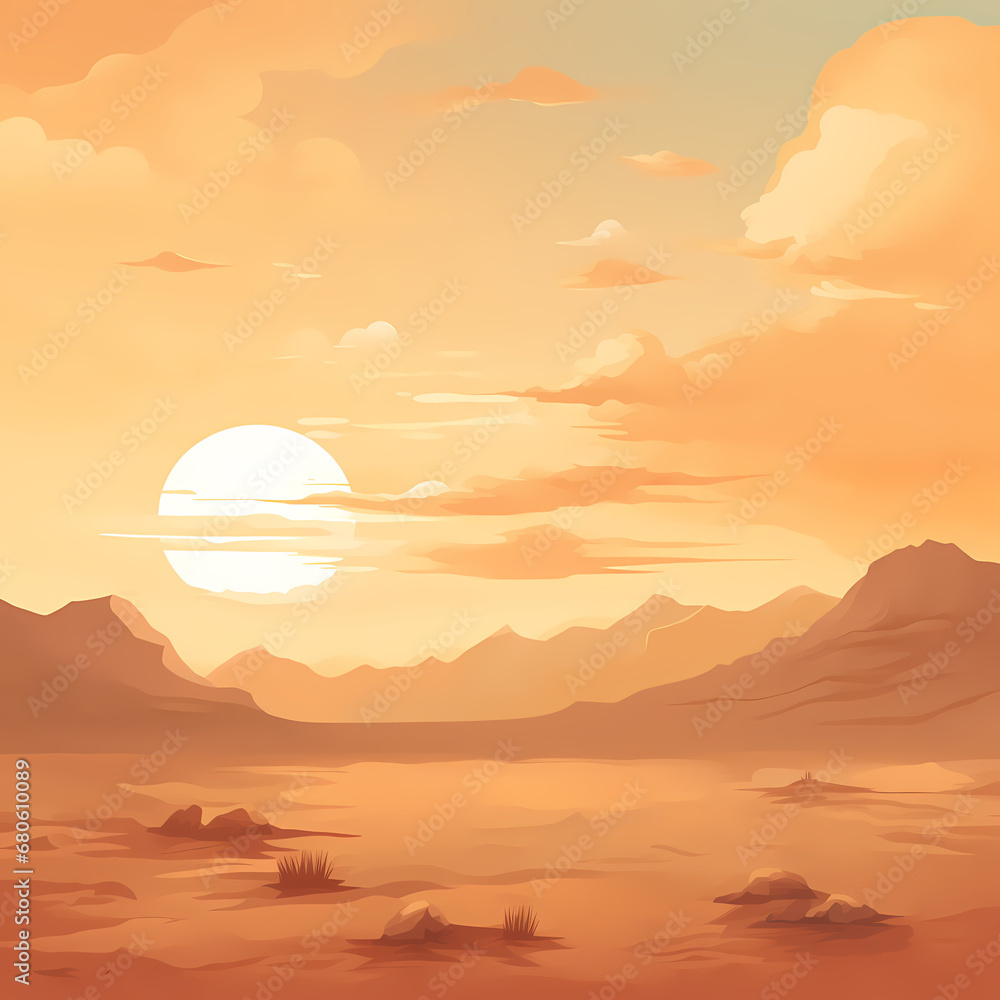 muted tones depicting a tranquil sunset over a desert landscape