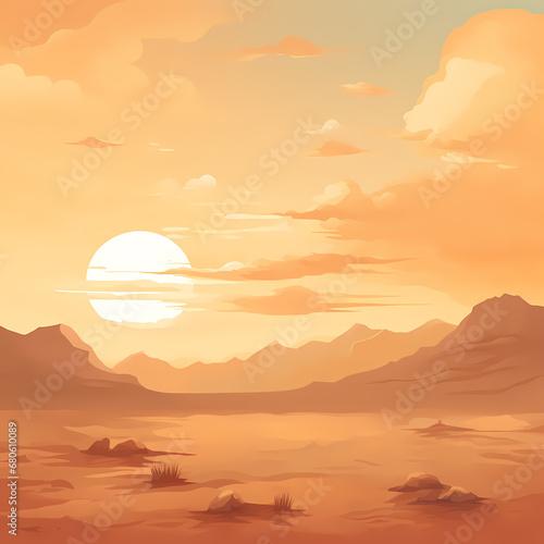 muted tones depicting a tranquil sunset over a desert landscape