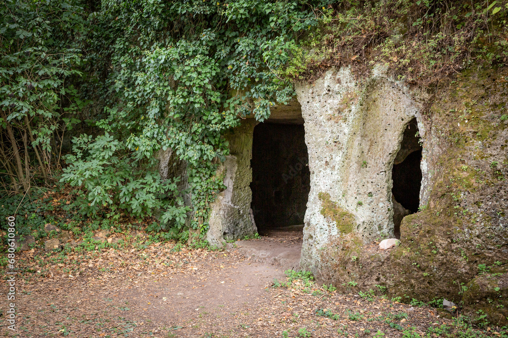 Etruscan necropolis with tombs hollowed out of tuff rock in Sutri, province of Viterbo, Lazio, Italy