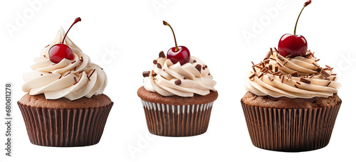 Cupcake with cream and cherry on a transparent background.