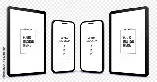 Mobile Phone and Tablet Computer Vector Mockup Illustration with Perspective View.  Mobile device blank screens isolated on transparent background.