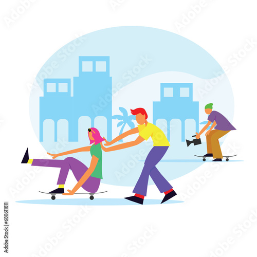 A group of young people having fun by playing skateboard and recording it to maintain a healthy life