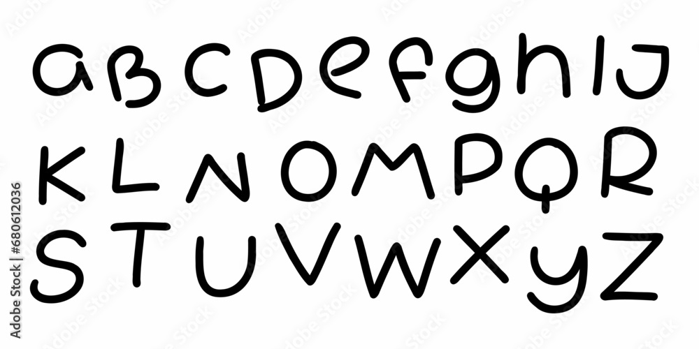 Lowercase modern black english latin abc alphabet font A to Z collection. Vector illustration in doodle hand written style isolated on white background. For card, logo, learning, design, school, menu. Lowercase modern black english latin abc alphabet font A to Z collection. Vector illustration in doodle hand written style isolated on white background. For card, logo, learning, design, school, menu.
