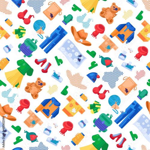 Worn unwanted textile objects separation seamless pattern with shoe, trousers, fiber, jeans, sweater, clothing, toys. Ornate for printing on fabric, wrapping and packaging. Vector isolated on white