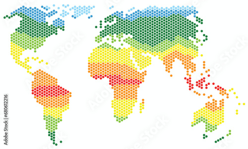 Hexagon shape world map on white background.