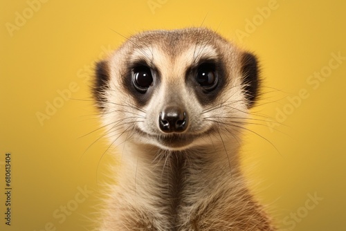 A curious meerkat, standing upright, surveying its surroundings, captured in a studio portrait, its inquisitive eyes shining against a bright solid background.