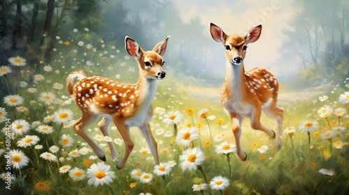 Graceful fawns prancing through a blooming wildflower meadow.