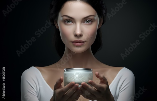 A woman holding a jar of cream, cosmetics for skin care.