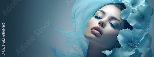 A sensual woman on a blue background with flowers, a banner for advertising cosmetics or perfumes with a delicate floral scent of freshness and lightness.