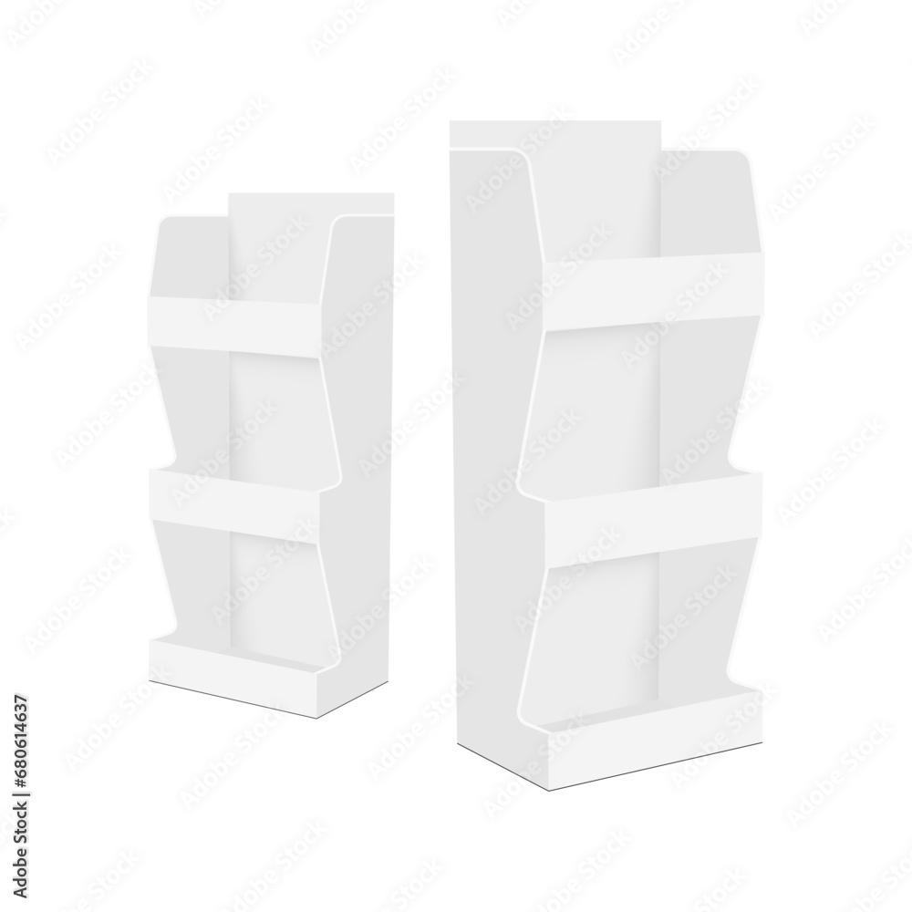 Obraz premium Two Blank Cardboard POS Display Stands With Shelves, Side View, Isolated on White Background. Vector Illustration