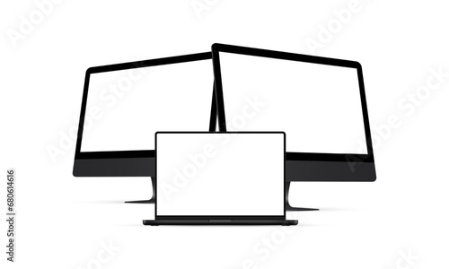 Black Computer Monitors And Laptop With Blank Screens, Front and Side View, Isolated on White Background. Vector Illustration