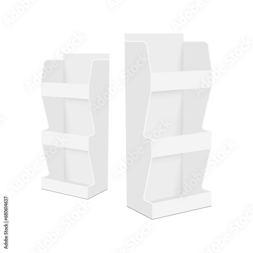Two Blank Cardboard POS Display Stands With Shelves, Side View, Isolated on White Background. Vector Illustration
