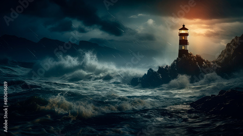 Lighthouse In Stormy Landscape. Big waves and storm around the light house, dark clouds, lighthouse sunken by ocean and sea.