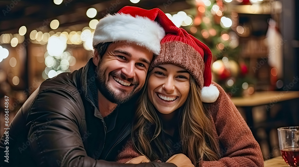 Couple in love sitting at a table in a christmas cafe. Couple in love sitting at a table in a christmas cafe.
