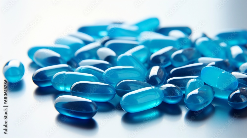 Blue capsules on white background, pills helping man with sexual problems in bed Blue capsules on white background, pills helping man with sexual problems in bed