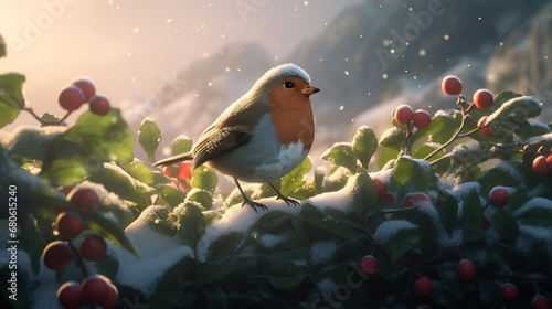 A bullfinch in snowy weather. AI Generated