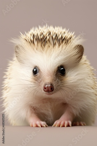Studio portrait of a charming hedgehog, quills raised in defense, eyes peeking with curiosity, set against a soft solid background.
