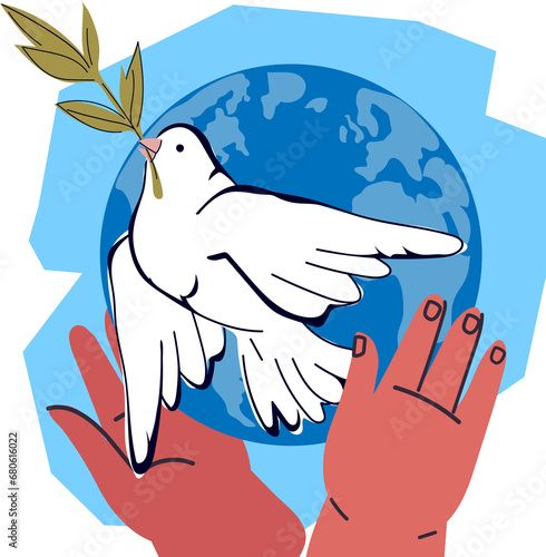 Peace symbol or emblem for World peace day and No war concept. Dove at world globe background.