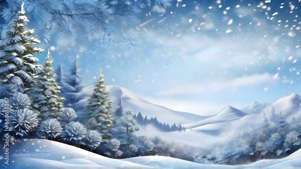 Obraz premium Create a beautiful winter background with snowflakes, snowdrifts, and evergreens