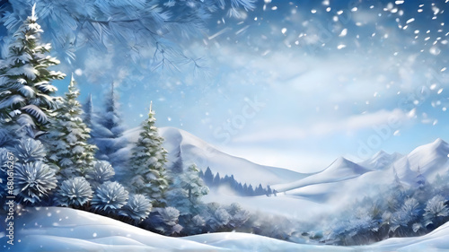 Create a beautiful winter background with snowflakes, snowdrifts, and evergreens © saranya