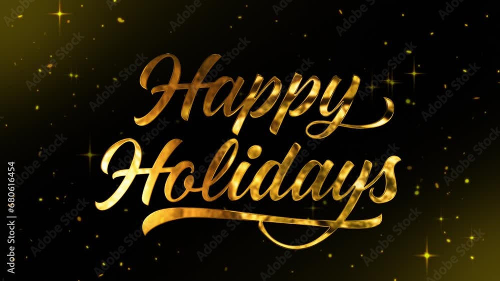 Happy holidays greetings whit golden text on black background.the text appears from the firework.particles and bright stars in the background.Holidays concept. Happy holidays greetings whit golden text on black background.the text appears from the firework.particles and bright stars in the background.Holidays concept.