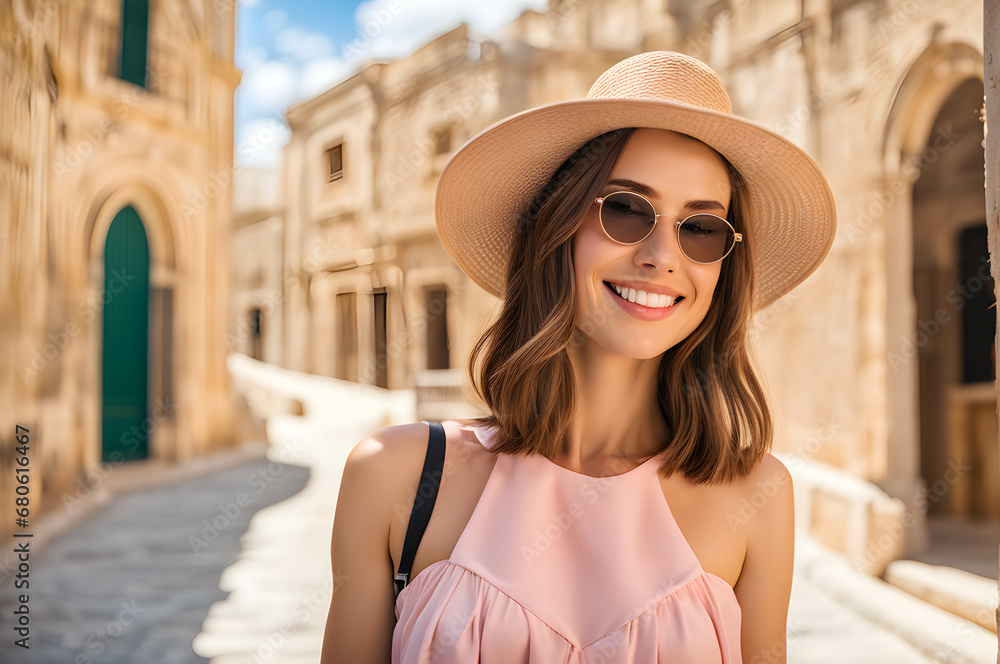 Portrait of beautiful stylish tourist girl with pink dress and sunglasses visiting historic city in southern Europe