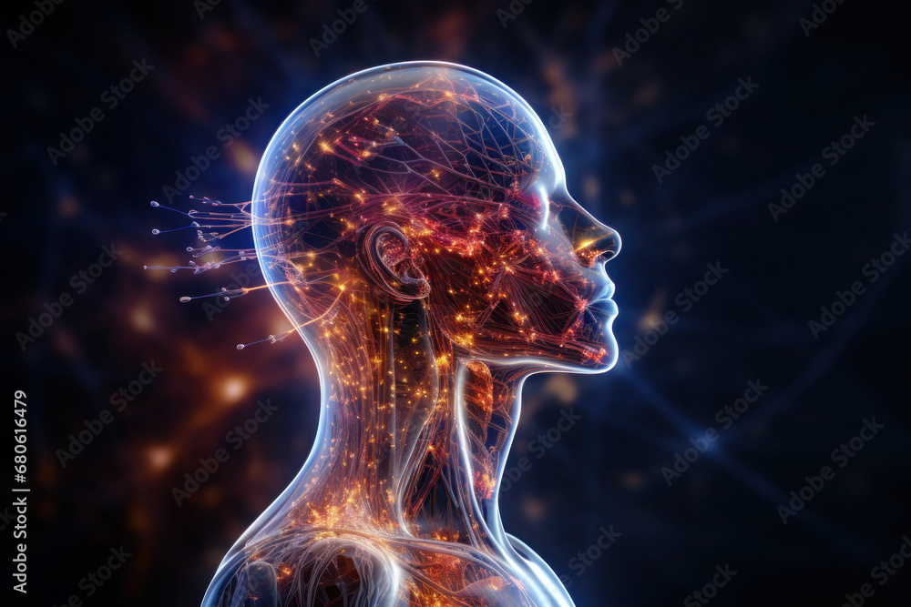 Spiritual life and esoteric concept. Silhouette of human head with glowing neurons on dark background. Spiritual life and esoteric concept. Silhouette of human head with glowing neurons on dark background.