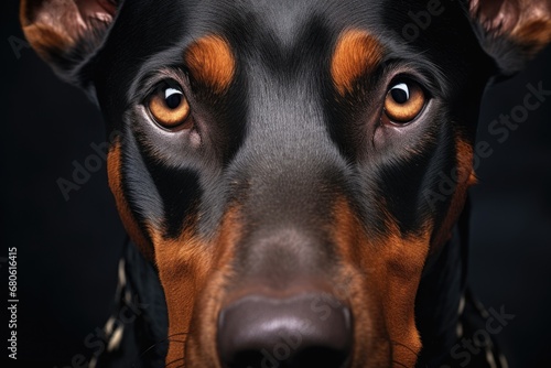 A close-up photograph of a black and brown dog. This picture can be used to illustrate pet care articles or in advertisements for dog-related products