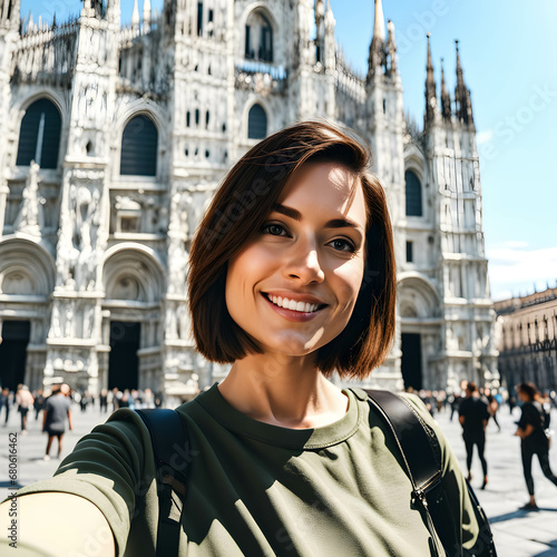 Portrait of beautiful business woman with short hair takes selfie in Milan, Italy