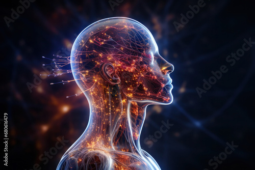 Spiritual life and esoteric concept. Silhouette of human head with glowing neurons on dark background.
