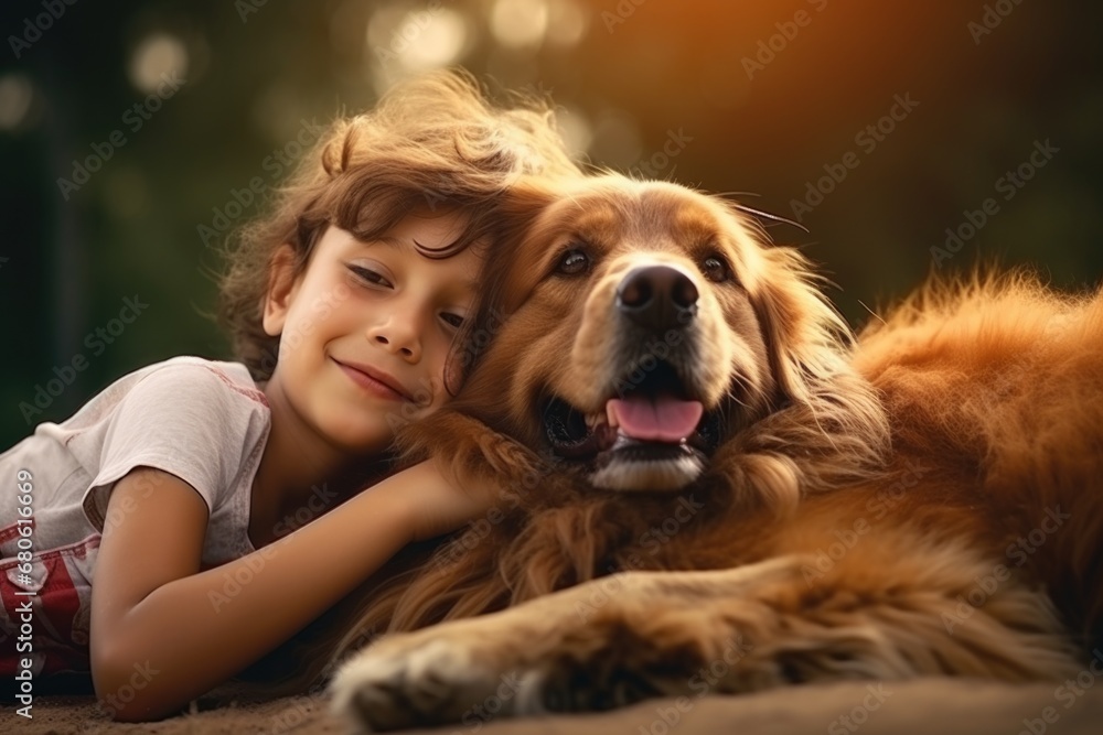 A heartwarming image of a little girl peacefully laying next to a big dog. Perfect for illustrating the bond between children and pets.