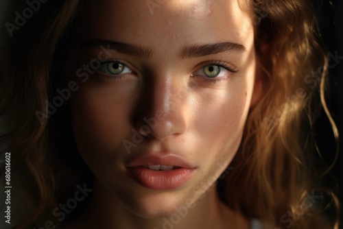 A close-up shot of a woman's face with captivating green eyes. Perfect for beauty, cosmetics, or eye care related projects.