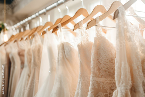 Elegant wedding dresses hanging on hangers in shop. Bridal dress in wedding boutique salon