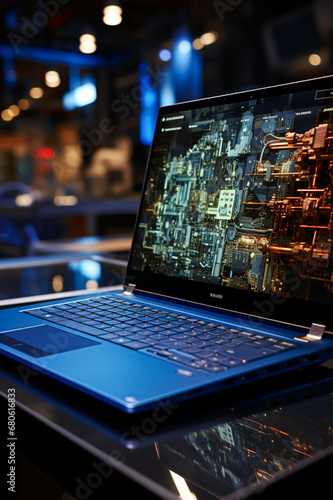 Laptop with an information graphic on it, in the bleu. AI generativ