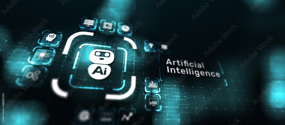 AI Artificial intelligence, Machine learning, Big data analysis and automation technology in business and industrial manufacturing concept on virtual screen.