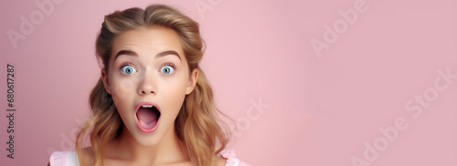 Portrait of teenage girl with a surprised facial expression. Isolated on pink background. 