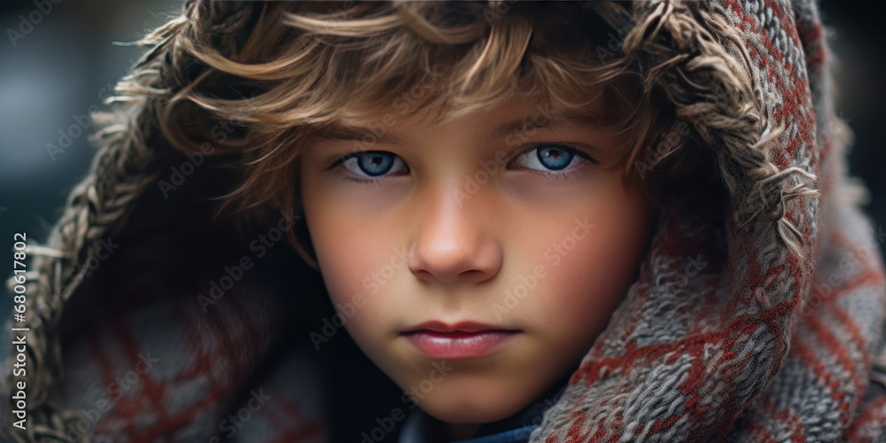 Warm, inviting image of a boy in a hooded coat. Warm, inviting image of a boy in a hooded coat.