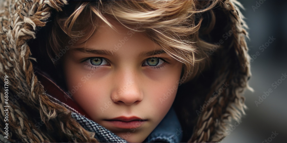 Warm, inviting image of a boy in a hooded coat. Warm, inviting image of a boy in a hooded coat.