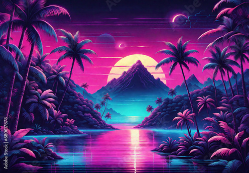 Tropical island with palm trees  80s retro style