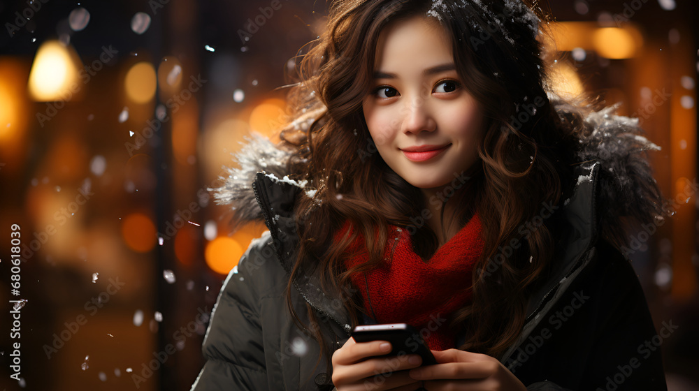 Fototapeta premium Young beautiful and happy Chinese woman in a winter jacket with a hood with a mobile phone outdoors under the snow, smiling, cheerful, enjoying Christmas against the background of bokeh lights.