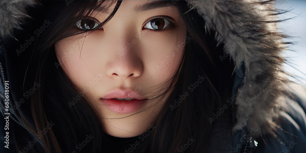 Close-up of an Asian woman, highlighting her expressive eyes and flawless skin. Close-up of an Asian woman, highlighting her expressive eyes and flawless skin.